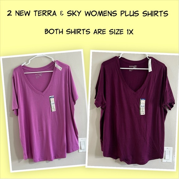 🆕2 Terra & Sky Women's semi-fitted Plus Size V-Neck Short Sleeve shirts size 1X - Picture 1 of 12